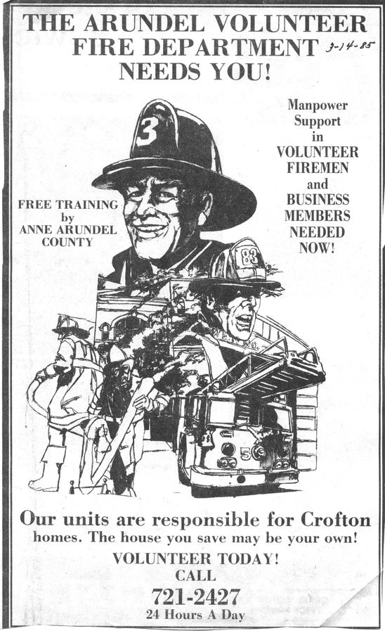 "The Arundel Volunteer Fire Department NEEDS YOU!" — recruiting, 1985 style.